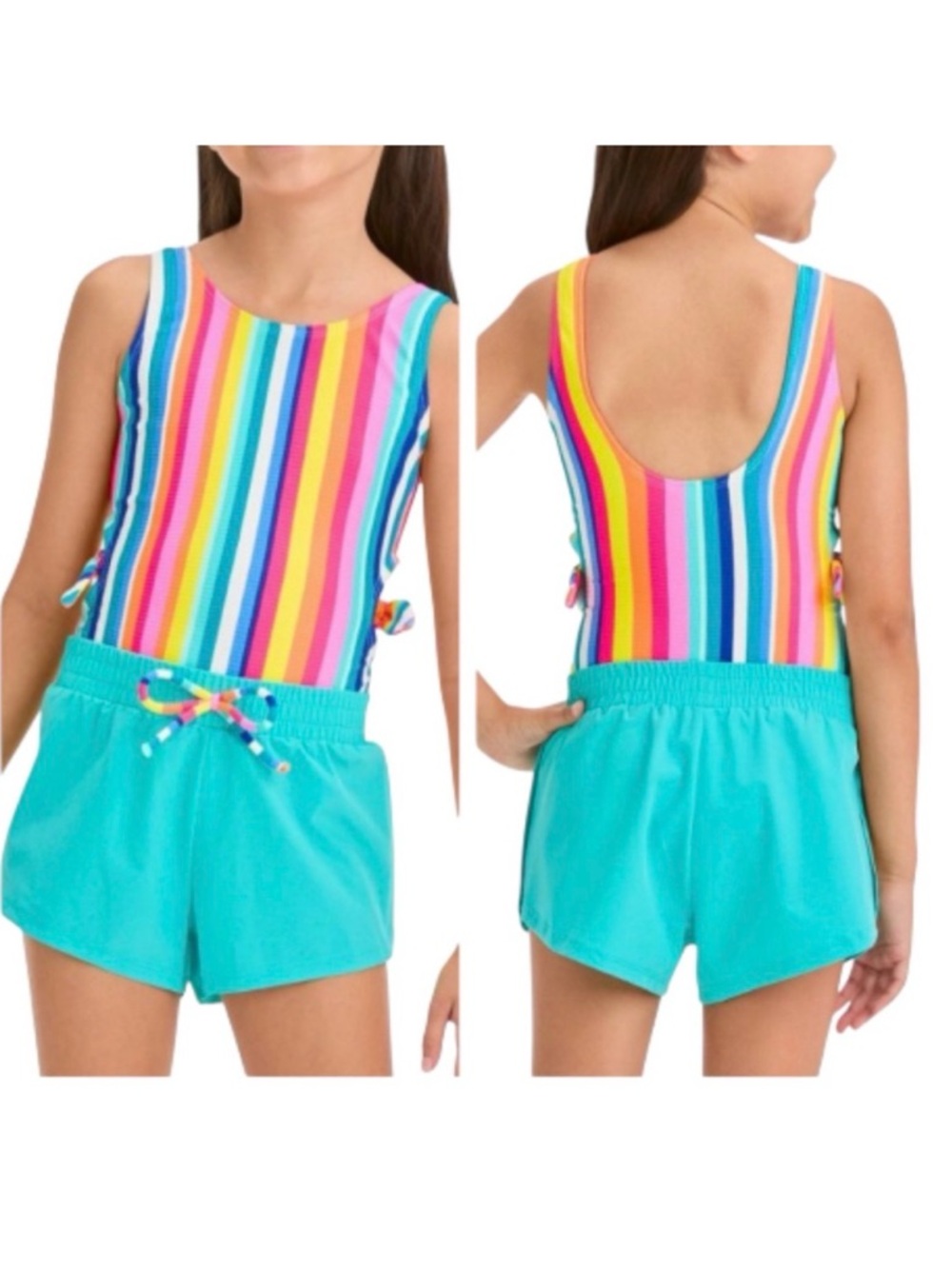 Cat & Jack Girls One Piece Striped Swimsuit and Shorts Set